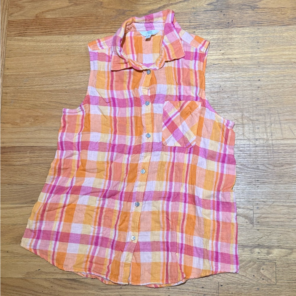 Time and Tru Pink Orange Plaid Sleeveless Blouse - Size M (8-10)